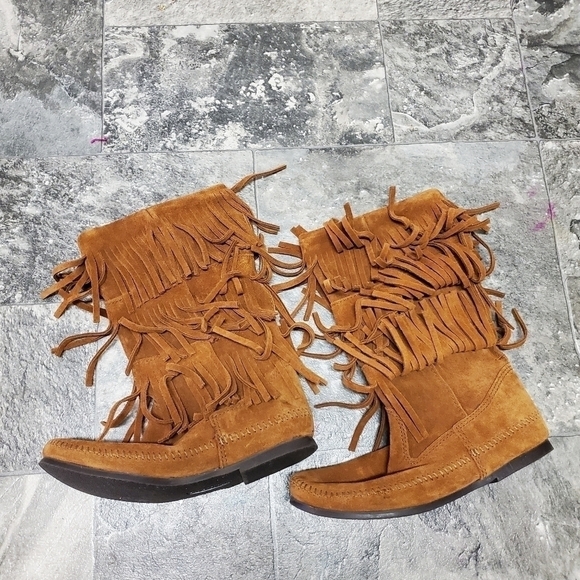 Minnetonka Moccasins 3 Layer Fringe Boot Brown Suede 1632 Calf High Boots Size 9 - Picture 3 of 8